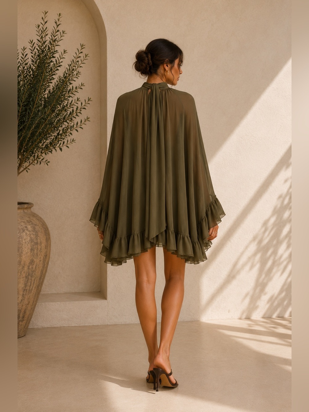 Commense Olive Green Asymmetrical Ruffle Mini Dress - Picture 2 of 5